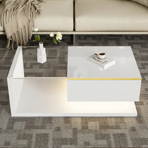 UK Local 90 Cm Long Coffee Table, High-Gloss White. Side Tables, Coffee Tables With Glass And LED Effect