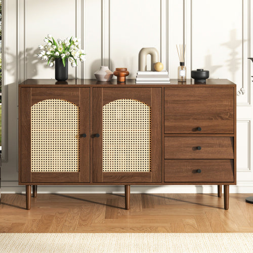 UK Local Country-Style Sideboard With Rattan Doors  130 X 75.5 X 40 Cm  Magnetic Closure, Adjustable Shelves, Sturdy Structure  Elegant And Versatile Design
