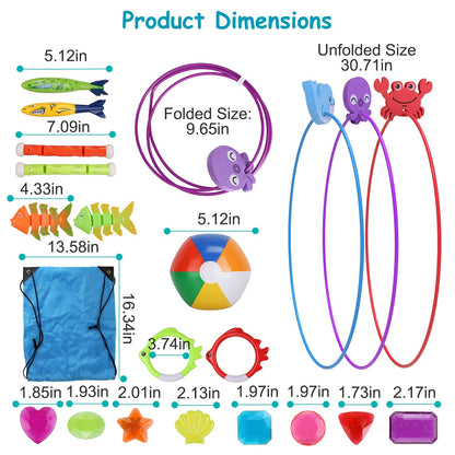 US Local Set Of 24Pcs Diving Toys Swimming Pool Toys Swim Toys For Kids Above Aged 3 Years Old Swim Thru Rings Torpedoes Gems Volleyball Storage Bag