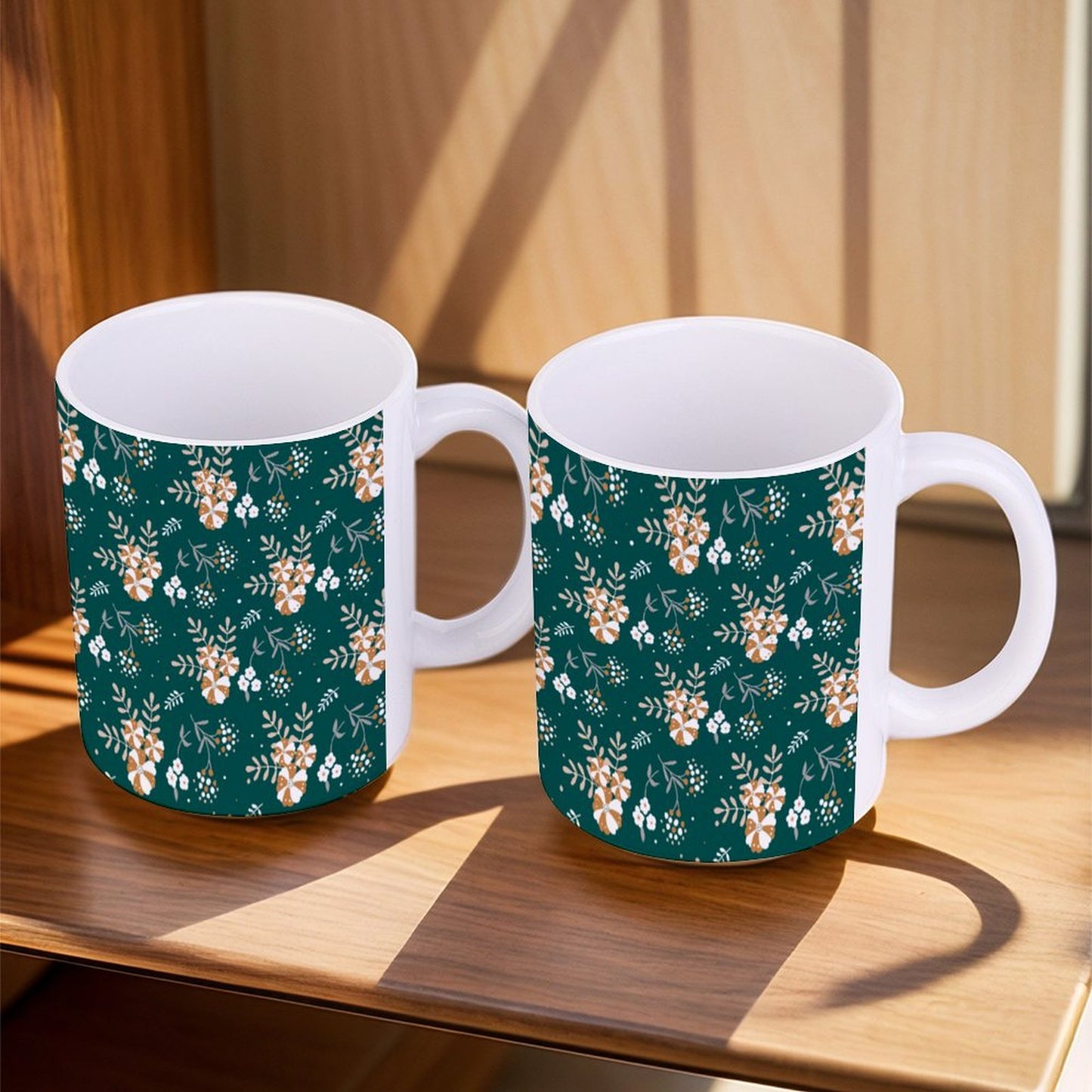 POD US Local White mug with full print, Christmas, Flowers, Green 0096