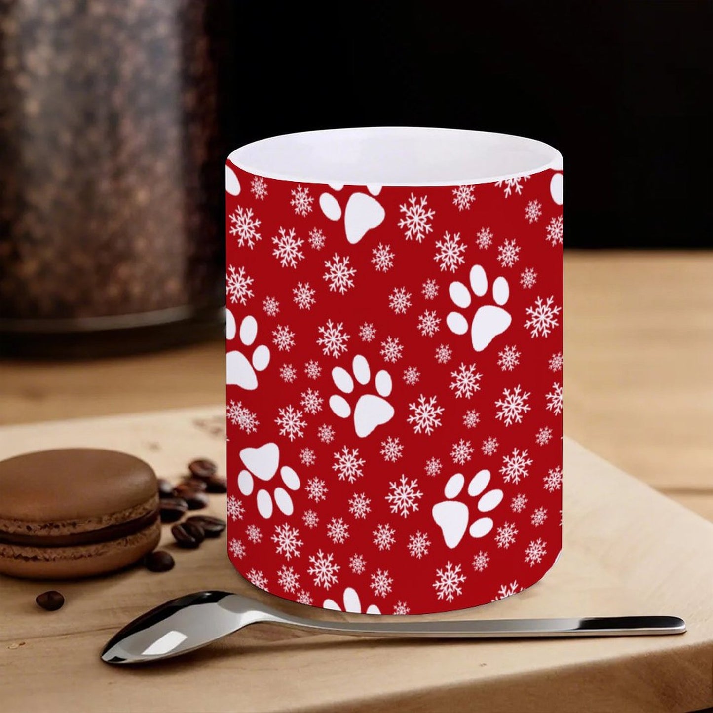 POD US Local White mug with full print, Christmas Snowflakes Cats Dogs Paws Red 0067