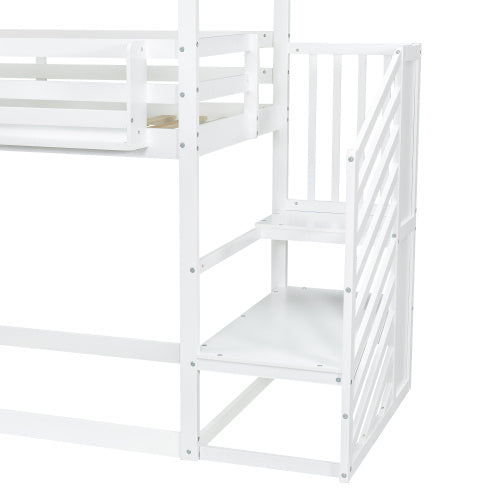 UK Local Bunk Bed, Teen Bed, Children's Bed, 3ft 90x190cm, MDF  Pinewood  Plywood, Decorative Canopy, Corner Staircase, With A Small Picture Bookshelf, White  Green