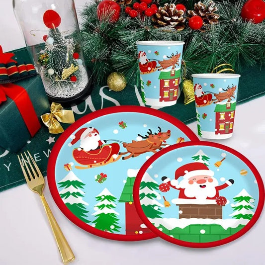Christmas Paper Plates And Cups Set Decorations For 10 Guests Santa Claus Elk Pattern Plates And Cups
