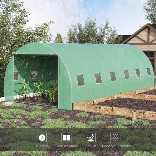 UK Local Outsunny Walk-in Polytunnel Garden Greenhouse, Outdoor Mesh Door Greenhouse With PE Cover And 6 Windows, 4.5 X 3 X 2m, Green