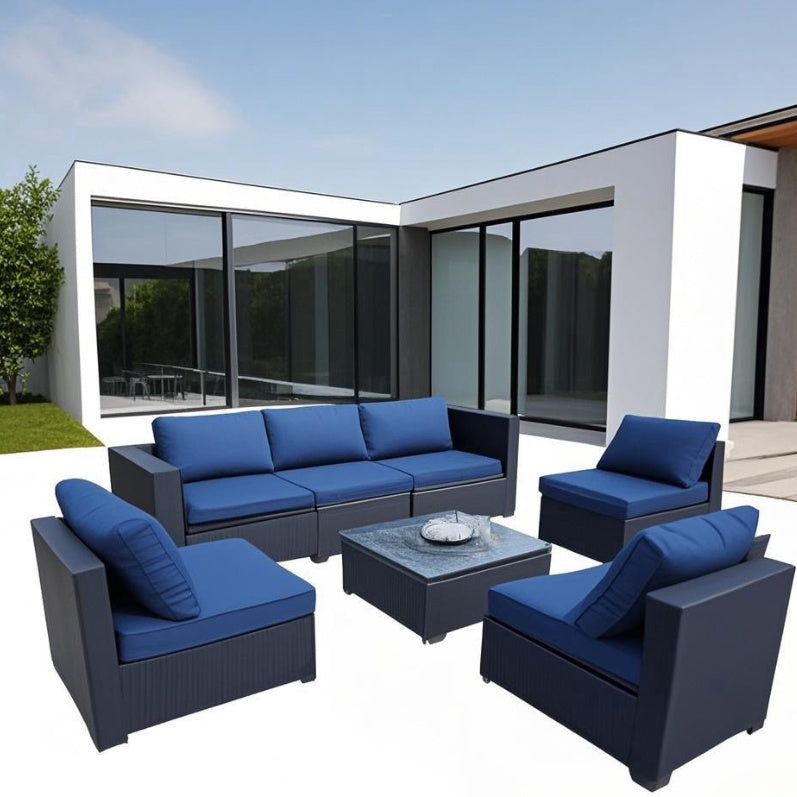 US Local Seven-Piece Sofa Set Table With Sofa Chair Black PE Rattan Outdoor Furniture 7-JH001 Box 3-1-2-3 With Blue Color Cushion