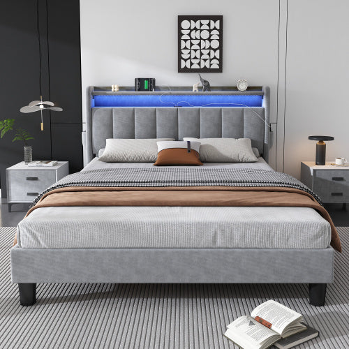 UK Local Upholstered Bed, 4ft6 Double Bed 135x190cm, Lower Flap Door Storage, With LED Light Strip, 3 USB Port 1 Type C, Durable And Sturdy, Youth Bed, For Adults  Teenagers, Velvet, Grey