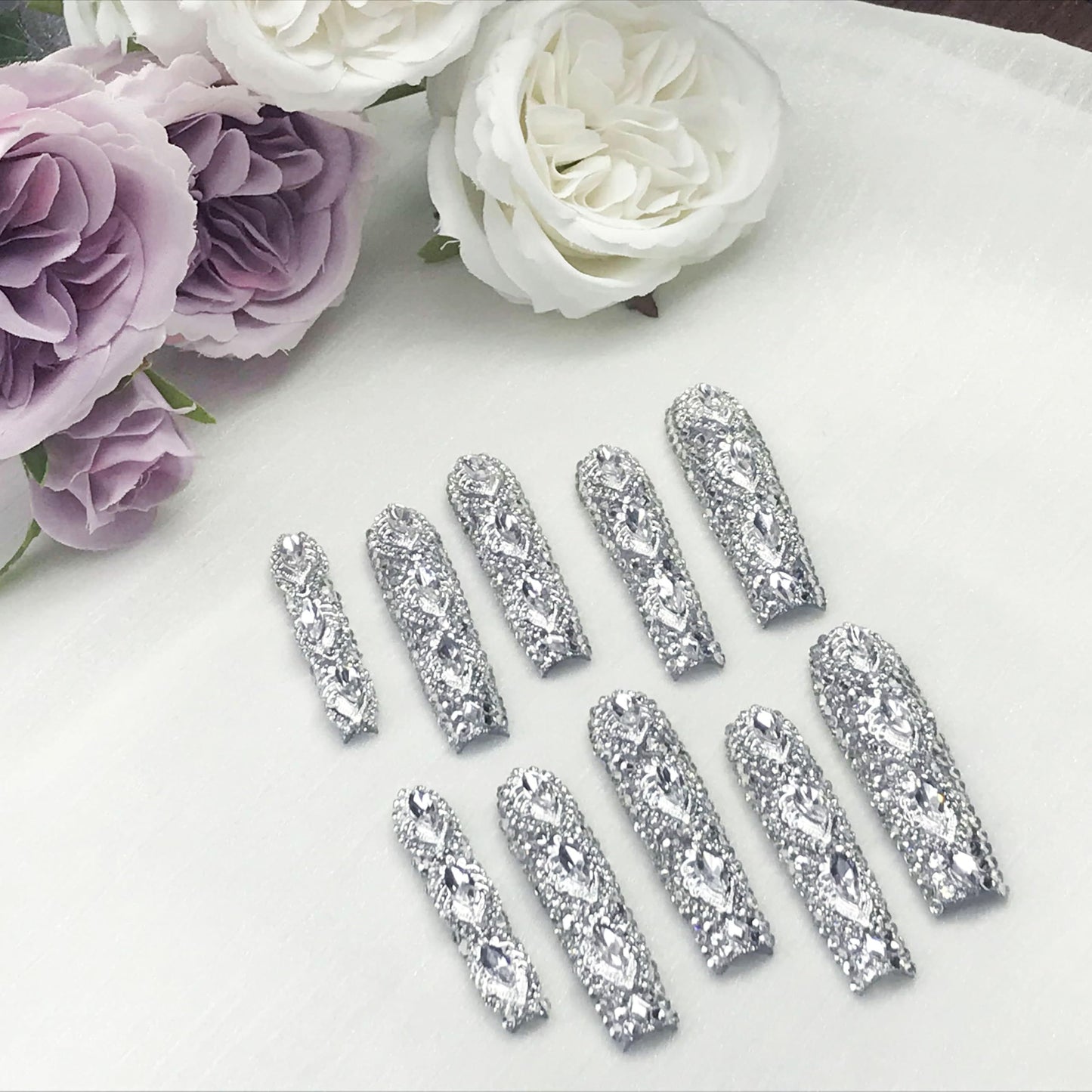 US Local GGddsha Queen Of Haute Style Full Diamond Long NailsPMMA Acrylic Handmade Full Deluxe 3D Crystal Fake Nailsw Box, Gift For Women,Luxe Divinity