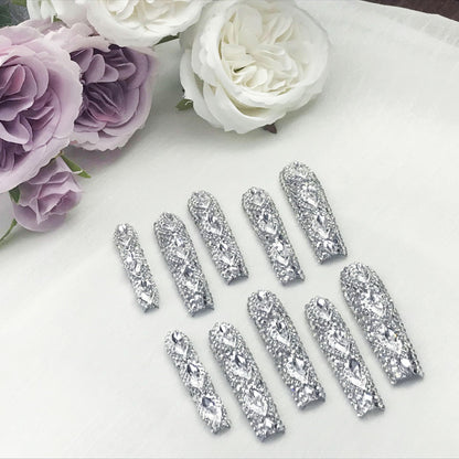 US Local GGddsha Queen Of Haute Style Full Diamond Long NailsPMMA Acrylic Handmade Full Deluxe 3D Crystal Fake Nailsw Box, Gift For Women,Luxe Divinity