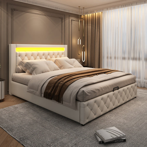 UK Local Upholstered Bed 150 X 200 Cm Functional Bed With Slatted Frame And Storage Space, LED Lighting In Different Colors, White, PU