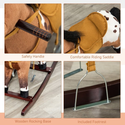 US Local Qaba Kids Metal Plush Ride-On Rocking Horse Chair Toy With Realistic Sounds - Dark Brown White
