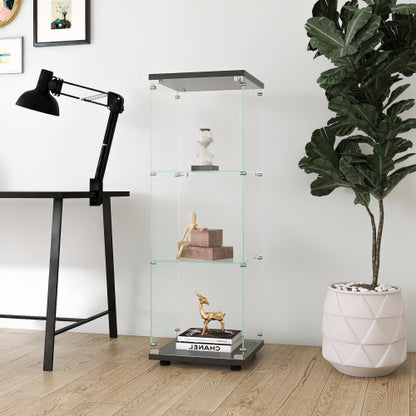 US Local Glass Display Case With 3 Shelves, Single Door Treasure Cabinet, Suitable For Living Room, Bedroom, Office, Black Floor Glass Bookshelf, Quick Installation
