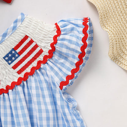 US Local Baby Girls Independence Day Outfit 4th Of July American Flag Embroidery Smocked Bubble Romper With Headband