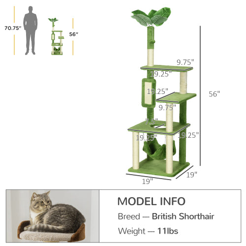 US Local PawHut 56 Cat Tree For Indoor Cats With Hammock, Cat Tower With Scratching Post, Platforms, Play Ball And Anti-tipping Device, For Indoor Cats, Green