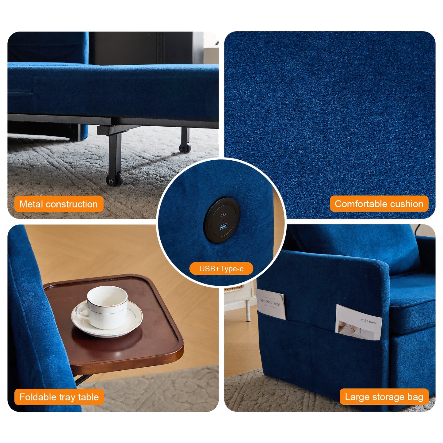 US Local Adult Sleeper Chair Bed, 3-in-1 Convertible Sofa Chair Bed Pull-out Sofa Bed, Convenient Folding Tray Table With USB And Type-C Charging Ports For Living Room