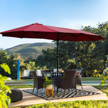 US Local 15x9ft Large Double-Sided Rectangular Outdoor Twin Patio Market Umbrella With Light And Base- Red