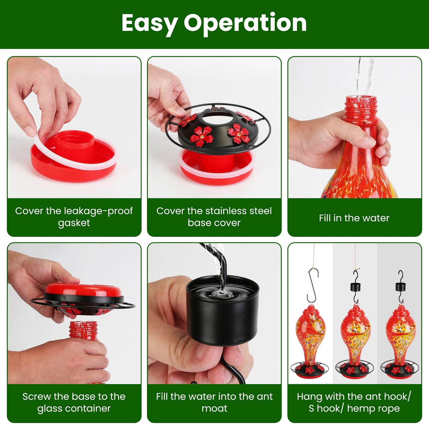 US Local 1Pc Glass Hummingbird Feeder 33OZ Hand Blown Hummingbird Feeder With 5 Flower Feeding Port Perch Ant Moat Hanging Hook S Hook Hemp Rope Cleaning Brush For Garden Decor