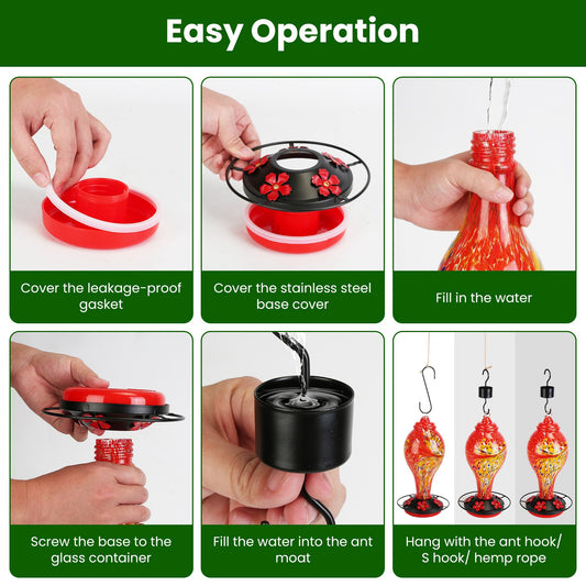 US Local 1Pc Glass Hummingbird Feeder 33OZ Hand Blown Hummingbird Feeder With 5 Flower Feeding Port Perch Ant Moat Hanging Hook S Hook Hemp Rope Cleaning Brush For Garden Decor