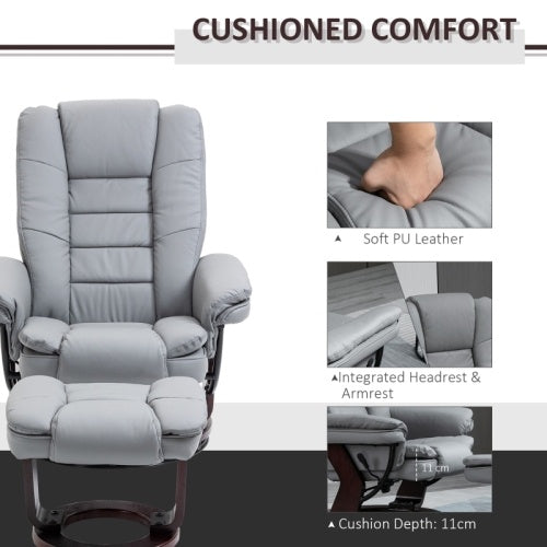 UK Local HOMCOM Recliner Chair With Footstool, Recliner Armchair Up To 130kg Weight Capacity, 135 Reclining Swivel Sofa Chair, PU Leather Ergonomic Couch Bed With Swivel Wood Base For Living Room, Grey