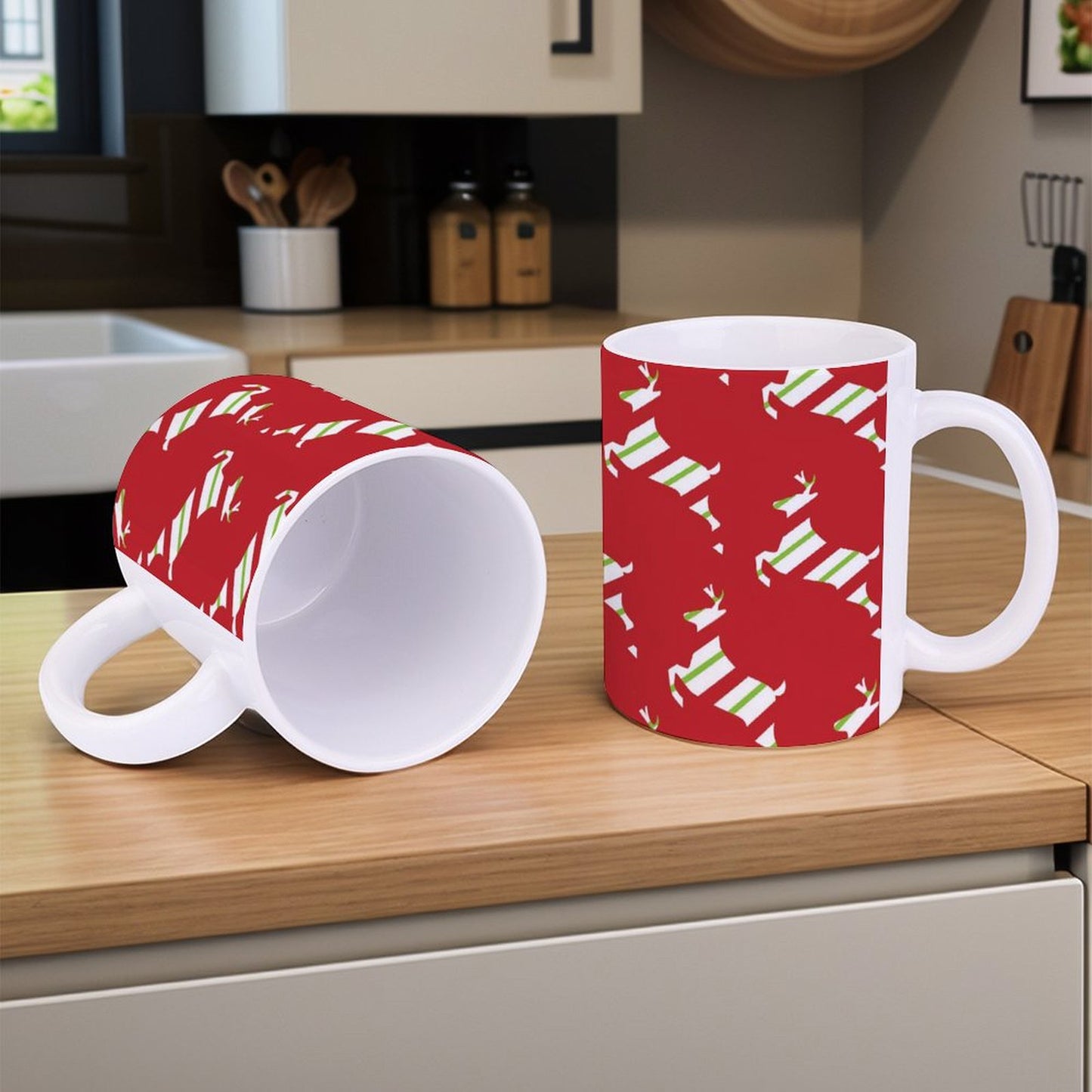 POD US Local White mug with full print, Christmas, Elk, Streamers, Red 0076