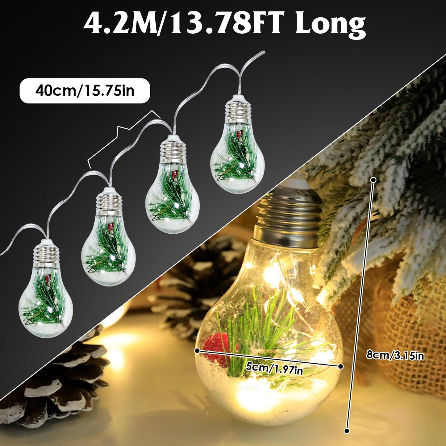 1Pc 13.78FT Christmas Snow Globe String Light Battery Powered 10 LED Bulbs Indoor Christmas Lights With Pine Needles Snowflakes Berries