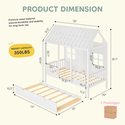 US Local Twin House Bed With Trundle, 77.95'' Wooden Playhouse Bed Frame For Kids With Safety Rails & Window--A-B Combo Sale, Please Do Not Purchase Individually