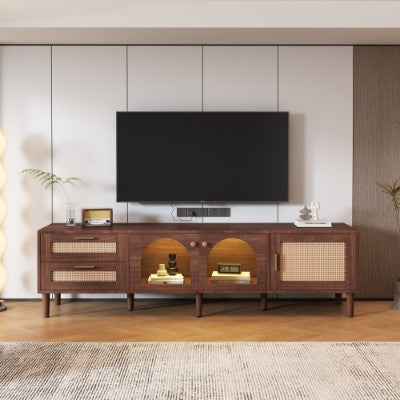 UK Local 180 Cm Brown TV Cabinet For 80-inch TV - With 2 Rattan Drawers, 2 Curved Glass Doors And 1 Rattan Door, LED Lighting, Offers Stylish Storage, TV Board