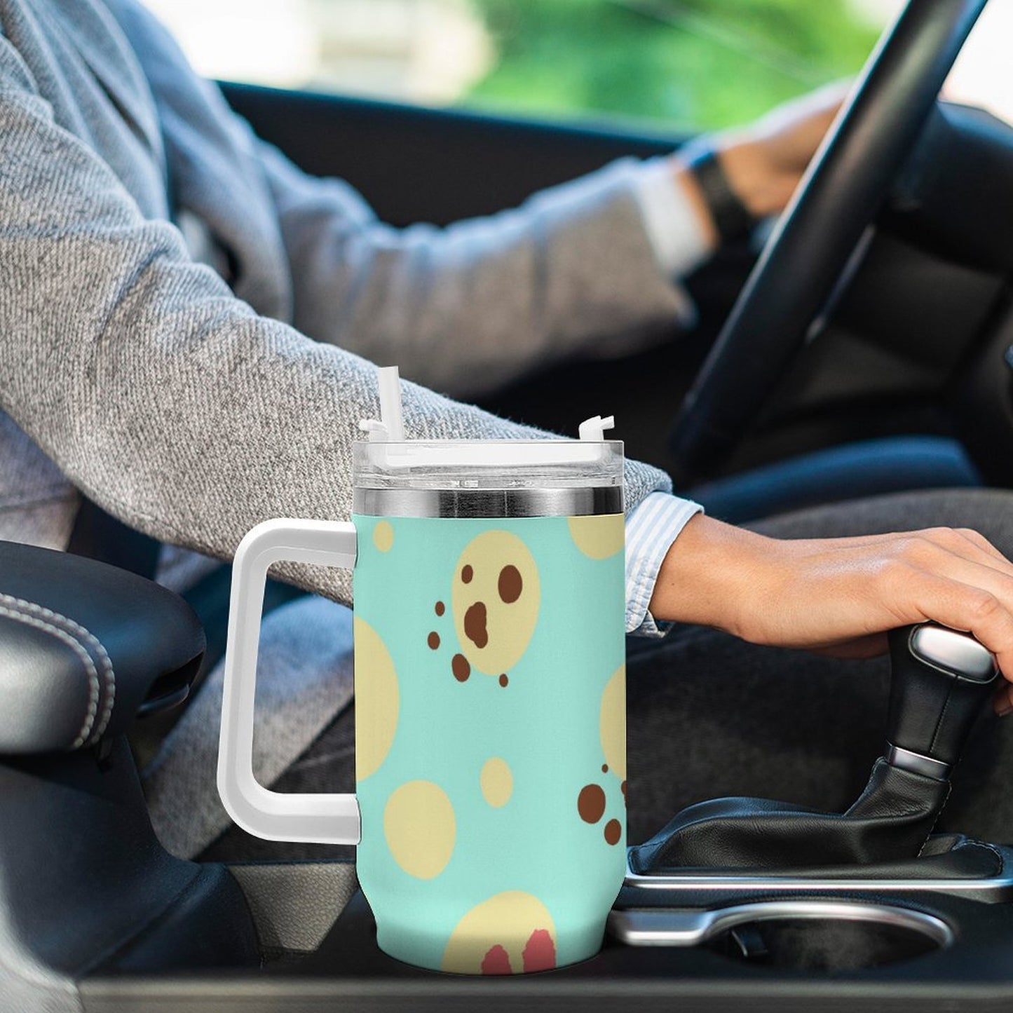 PHDT00209 POD US Local Tumbler 40 oz Large Capacity Car Cup Cat footprint cyan yellow polka Dot