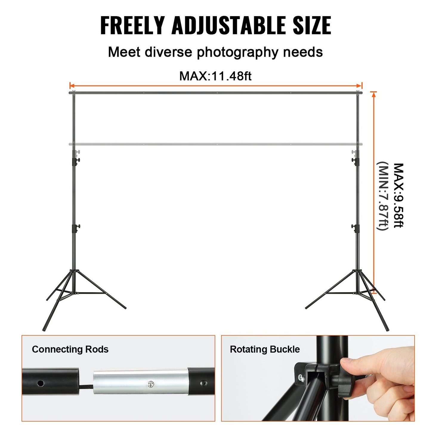 US Local VEVOR 11.48 X 9.58 Ft Heavy Duty Backdrop Stand, Height Adjustable Photography Backdrop Stand, Background Support System With 6 Clamps And A Carry Bag, For Party, Wedding, Display, Photo