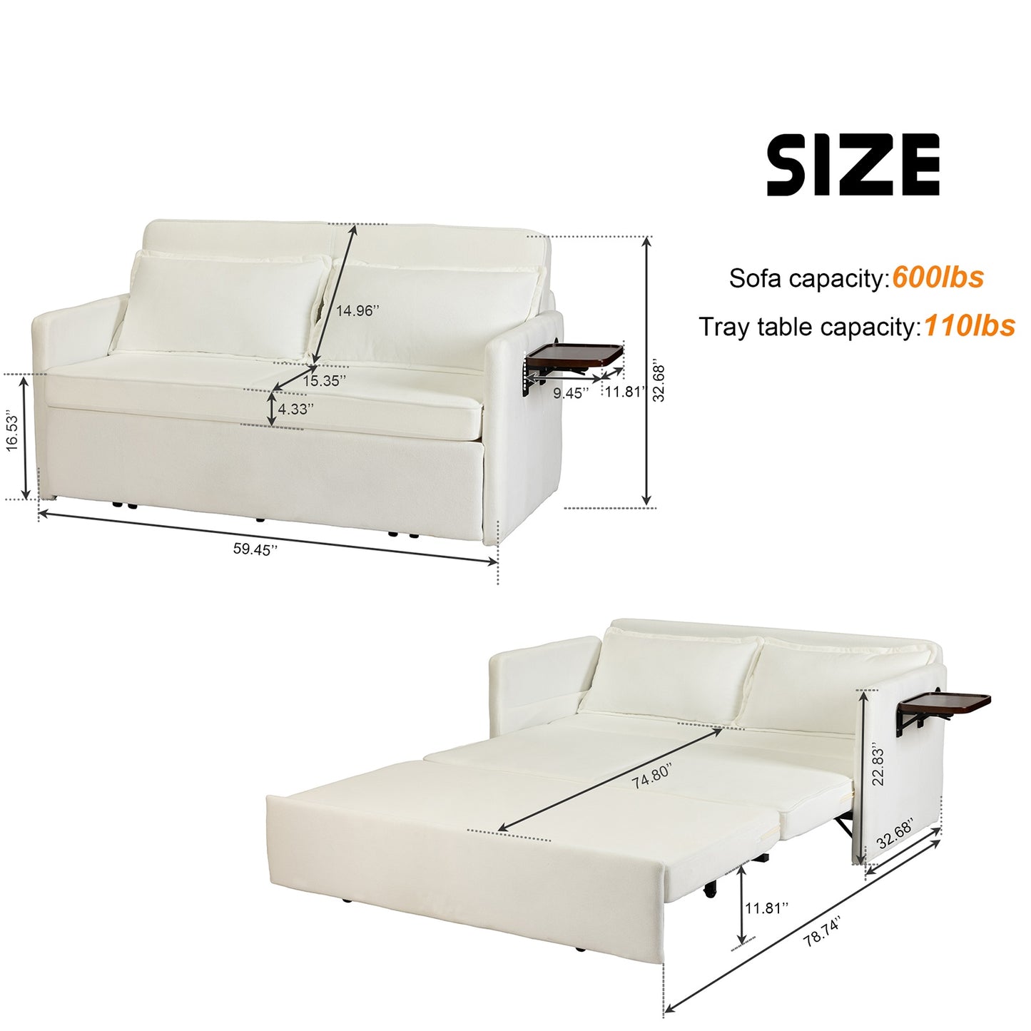US Local Adult Sleeper Chair Bed, 3-in-1 Convertible Sofa Chair Bed Pull-out Sofa Bed, Convenient Folding Tray Table With USB And Type-C Charging Ports Modern Loveseat For Living Room
