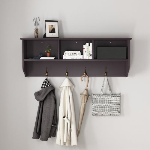 US Local Espresso Entryway Wall Mounted Coat Rack With 4 Dual Hooks Living Room Wooden Storage Shelf