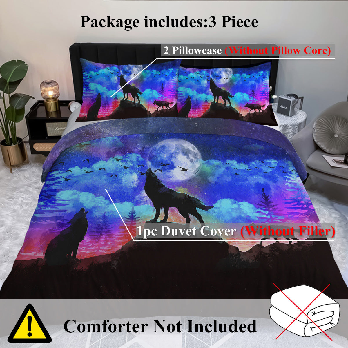 US & UK Local Moon Wolf Duvet Cover Set Single 3pcs Colorful Microfiber Kids Bedding Set