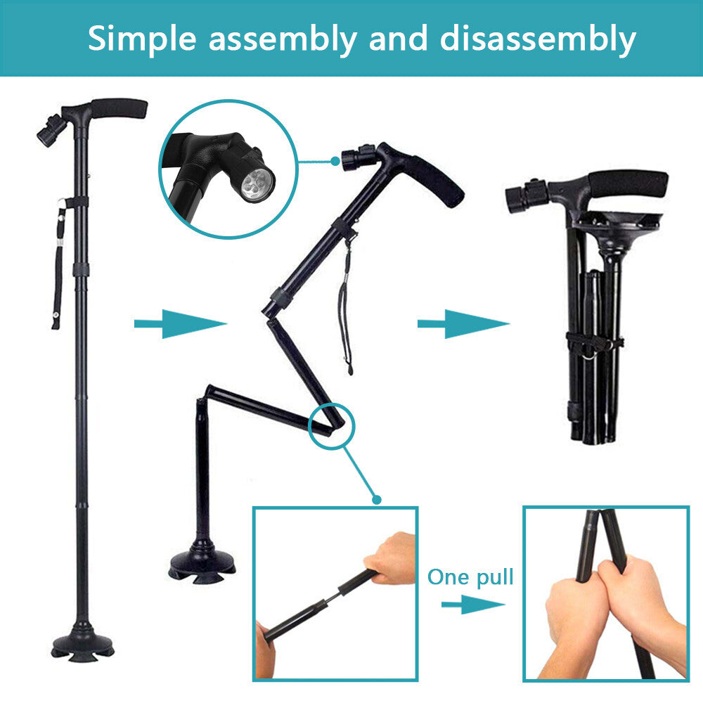 UK Local Folding LCD Walking Stick Cane With Flashlight For Senior Aluminium Travel Hiking Cane Trekking Pole Crutch Handle Strap 5 Gears