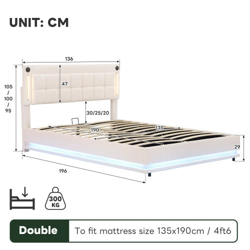UK Local 4ft6 Double LED Hydraulic Bed With Charging Station, Adjustable Square Tufted Headboard With Intelligent Control Light, Soft Velvet Bed Frame With USB And Type - C Ports, Beige