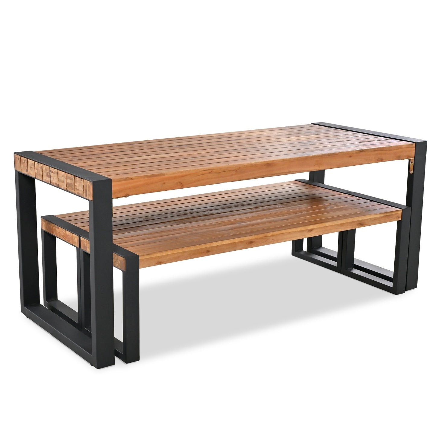 US Local GO 3-pieces Outdoor Dining Table With 2 Benches, Patio Dining Set With Unique Top Texture, Acacia Wo