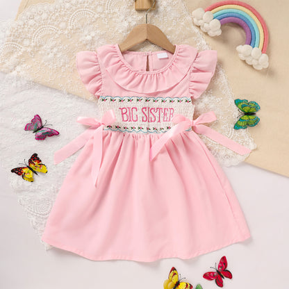 US Local Toddler Girl's Pink Ruffle Sleeve Dress Letter Embroidery & Bow Detail With Back Button Closure