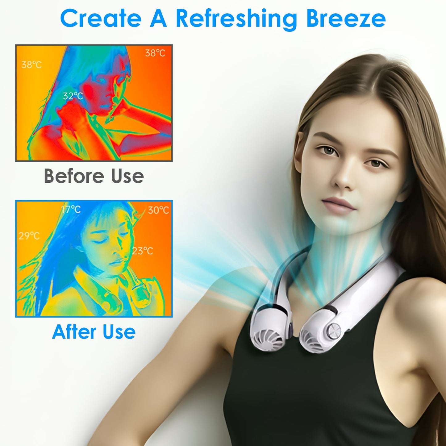 US Local White-Green Options -- 1Pc Portable Neck Hanging Fan Hands-free Cooling Personal Fan With 3 Speeds 360 Degree Air Flow Adjustable Neck Width For Home Office Travel Dormitory