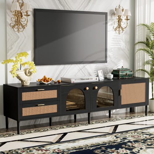 US Local Rattan TV Stand With 3 Cabinets & 2 Drawers, Rattan-inspired Media Console Table For TVs Up To 80'', LED Light Entertainment Center, TV Cabinet For Living Room, Bedroom, Home Theatre