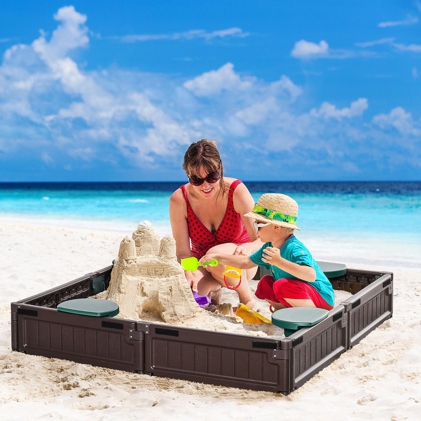 US Local Kids Sandbox w/ Two Boxes Foldable Bench Seat Waterproof Cover Bottom Liner Storage Space