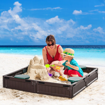 US Local Kids Sandbox w/ Two Boxes Foldable Bench Seat Waterproof Cover Bottom Liner Storage Space