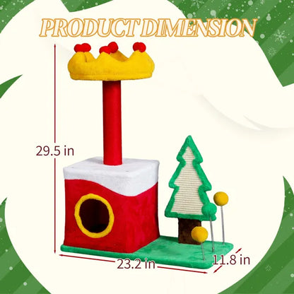 US Local 29.5in Christmas Themed Plush Cat Tree, Multi-level Cat Tower With Cat Condo, Top Crown Perch, Sisal Scratching Posts, Cat Pet Activity Center For Indoor Cats
