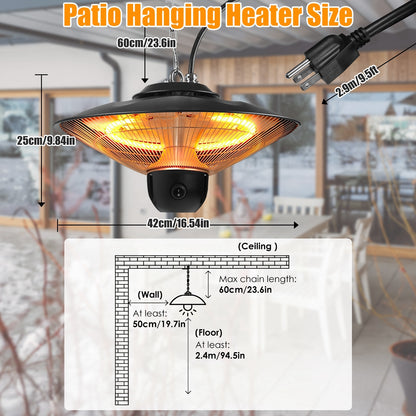 US Local 1500W Outdoor Patio Heater Electric Hanging Heated Ceiling Mounted Heating Lamp IP23 Waterproof With 3 Heating Levels 30Mins 60Mins Timer 2 Remote Control For Garage Balcony Courtyard