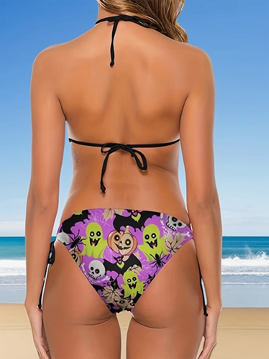 Women's Fashionable Bikini Set - Sexy Circular Strap Halloween Print Swimsuit For Vacation Style