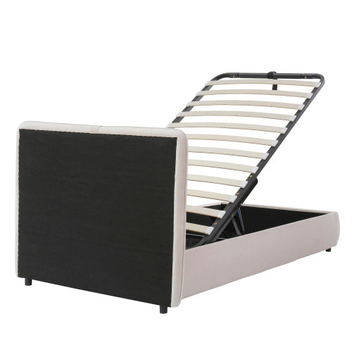 UK Local Upholstered Bed, Hydraulic Bed With Storage Function, 3ft Single Bed 90x190cm, Durable And Sturdy, Removable Soft Headboard Backrest, Velvet  Plywood, Beige