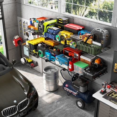 US Local 24X48 Inch Wall Mounted Garage Wall Mounted Shelf, Supermarket Storage Rack, Black, 2-piece Set