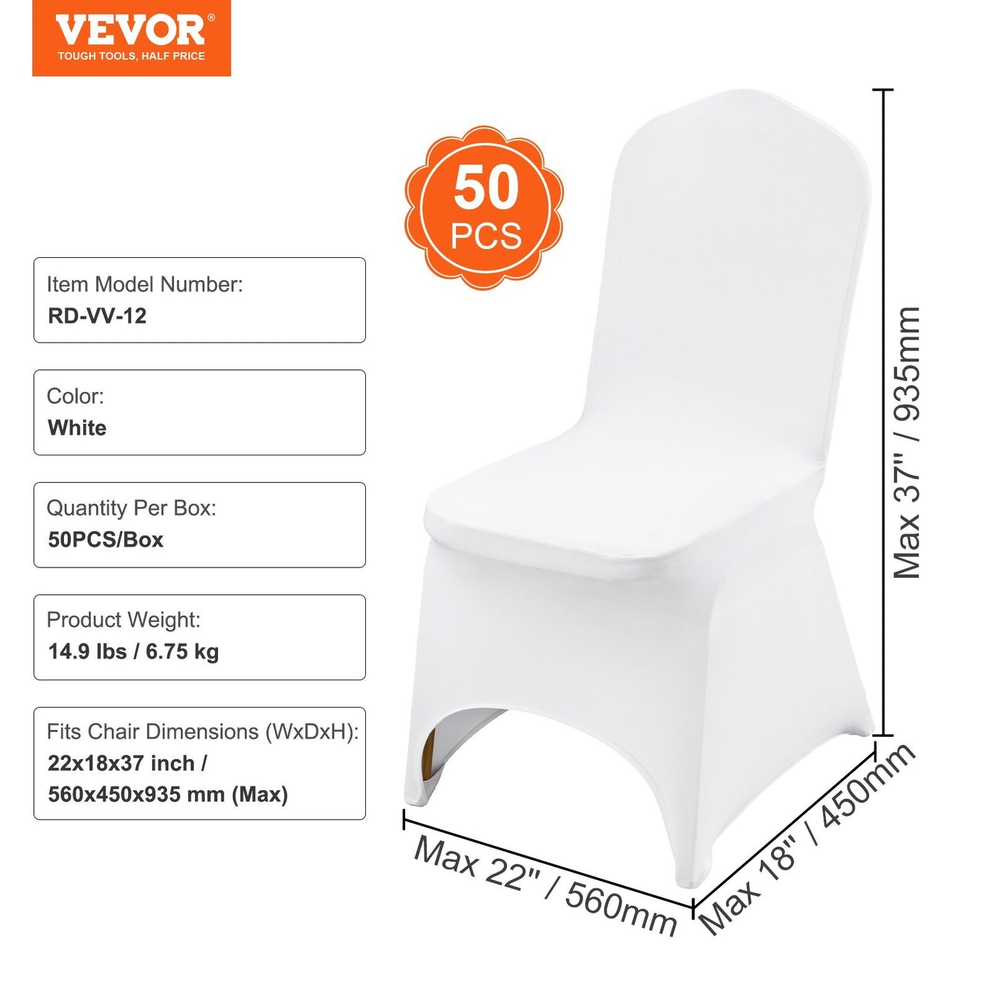 US Local VEVOR Stretch Spandex Folding Chair Covers, Universal Fitted Arched Front Cover, Removable Washable Protective Slipcovers, For Wedding, Holiday, Banquet, Party, Celebration, Dining  50PCS White