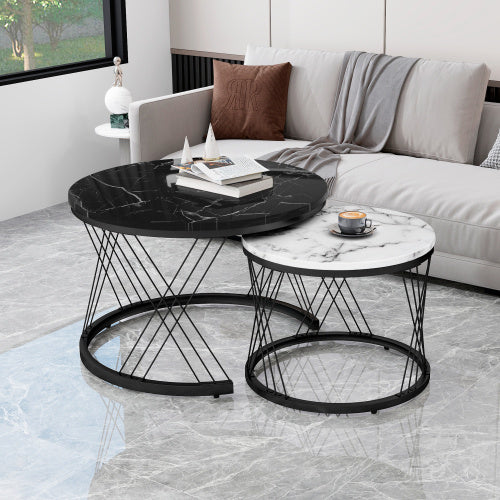 UK Local Round Coffee Table, Modern Coffee Table Set Of 2 Marble Pattern Top With Metal Frame, Small Side Table, End Table For Living Room, Bedroom, Home Office, Farmhouse, White And Black