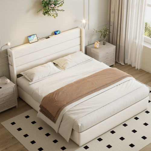 UK Local King Upholstered Bed With Charging Station, Linen Hydraulic Storage Bed With Adjustable LED Reading Light, 5ft Double Bed Frame With USB And Type  C Ports, No Box Spring Needed, Beige