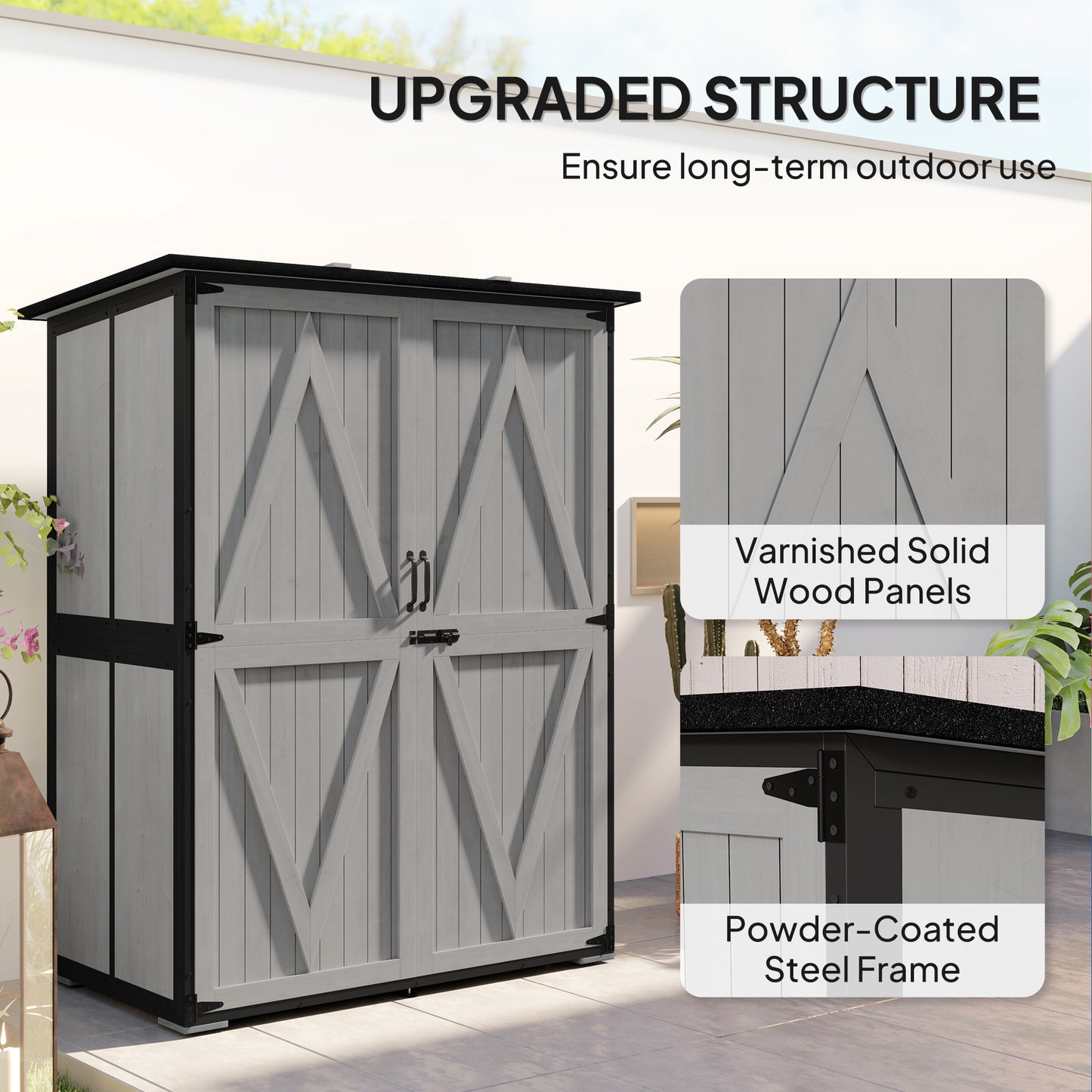 US Local Wood Storage Shed, Outdoor Garden Shed With Asphalt Roof, 2 Shelves, Lockable Doors And Adjustable Feet, Gray