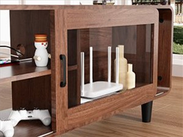 US Local Mid Century Modern TV Stand For 55,60,65,70 Inch TV, Wood Entertainment Center With Power Outlets, Media Console With Sliding Doors And Open Shelf For Living Room, Walnut