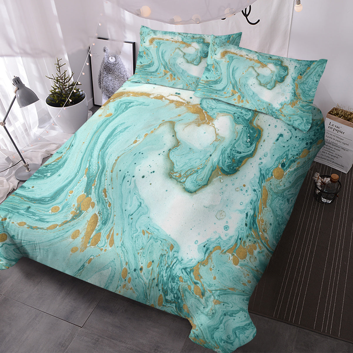 US & UK Local Chic Girly Marble Duvet Cover Mint Gold Glitter Turquoise Bedding Comforter Set Abstract Aqua Teel Blue Duvet Cover